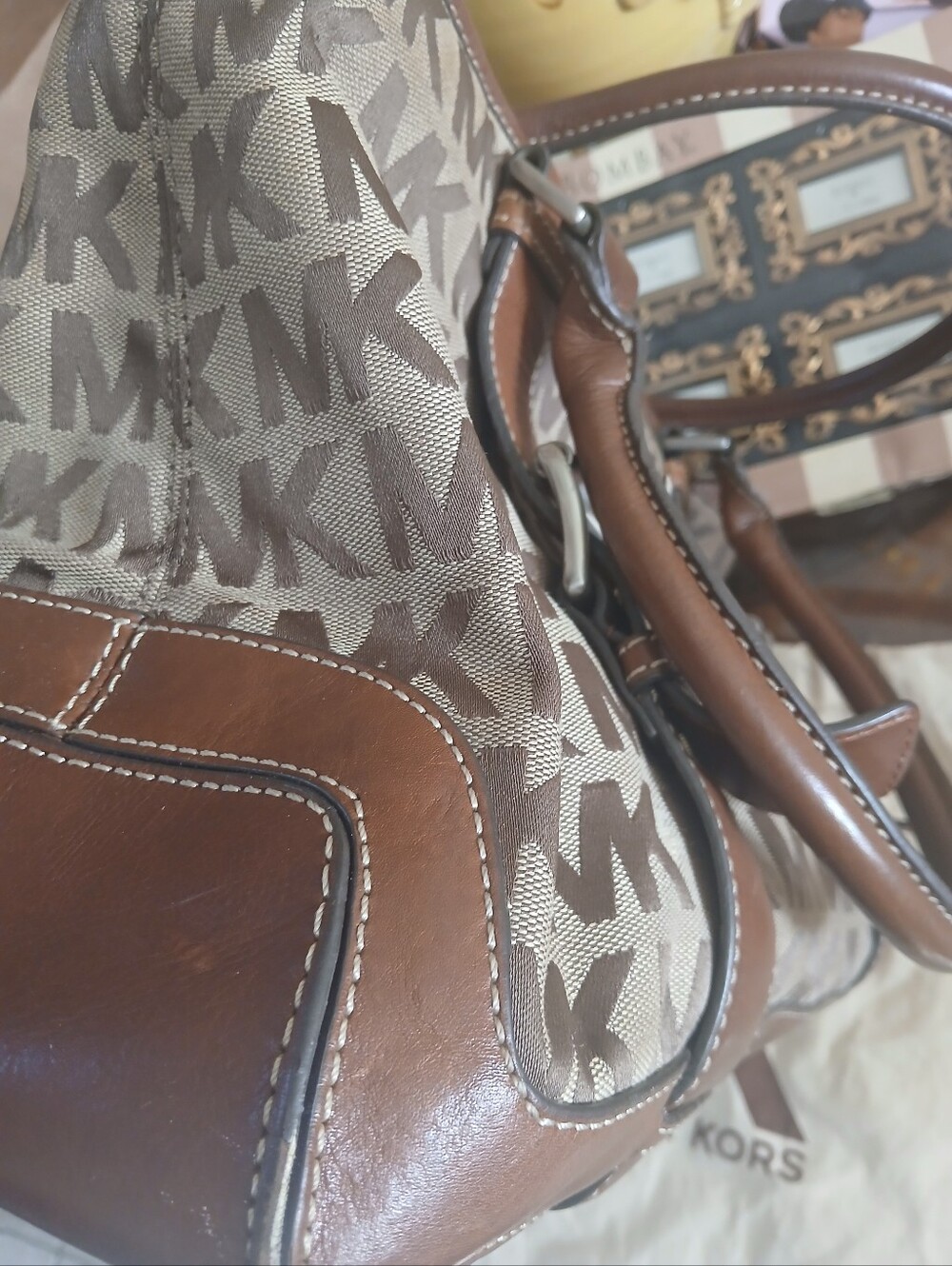 Vintage Michael Kors Brown MK Logo Canvas Satchel with Leather Trim - Picture 7 of 13